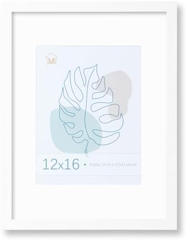 Muzilife White 12x16 Wood Picture Frame with Mat, Real Glass Cover, 1 Pack