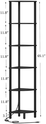 VIMBER 6-Tier Corner Shelf with LED Light, Industrial Corner Ladder Shelf, Rustic Display Shelf for Living Room, Bedroom, Kitchen, Home Office, Sturdy Frame, Black UJSJ002B