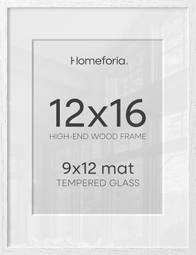 Homeforia 12x16 White Oak Picture Frame, High-End Wood, 9x12 Mat, Glass