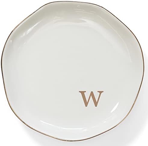 HOME SMILE Initials Ring Dish Jewery Tray with Personalized W-Monogrammed Engagement Wedding Gifts for Friends,Sister,Birthday Christmas Gifts for Women,Ceramic White