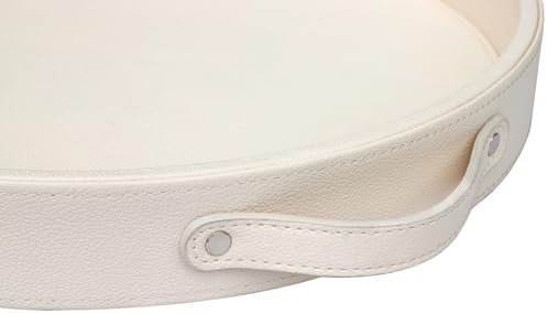 HofferRuffer Top Nocth PU Leather Round Serving Tray, Decorative Serving Tray with Handles, Coffee Tray, Ottoman Tray for Home Or Office, Diameter 14.6-inch (CreamWhite)