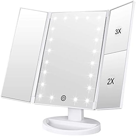 WEILY Makeup Mirror with 21 LED Lights,Two Power Supply Modes | Adjustable Touch Screen and 1x/2x/3x Magnification Tri-Fold Vanity Mirror,Chargeable Travel Cosmetic Mirror for Desktop