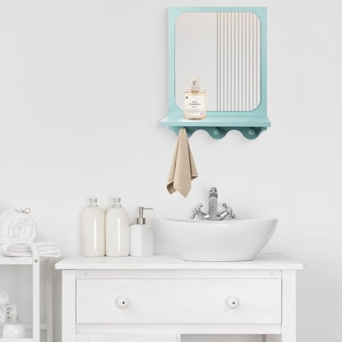 16 x 12 Inch Wooden Framed Wall Mounted Mirror with Shelf and 3 Hooks, Small Real Glass Entryway Hanging Mirror for Bedroom Bathroom Living Room, Blue