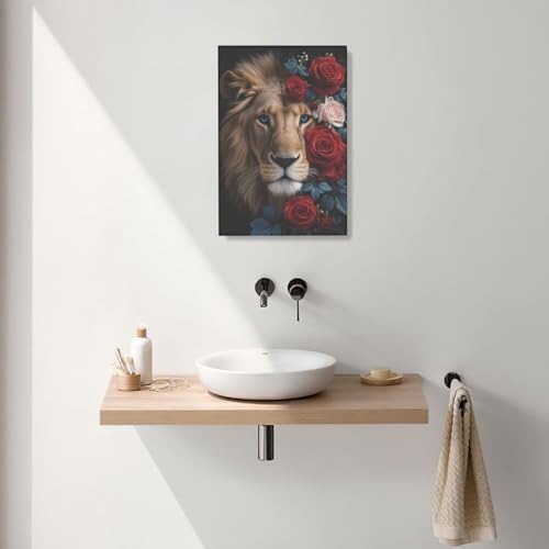 Crekviy Lion Wall Art Lion Pictures Wall Decor Red Rose Canvas Prints Painting Artwork Decoration for Office Bathroom Bedroom Living Room Framed Gifts 16"x24"