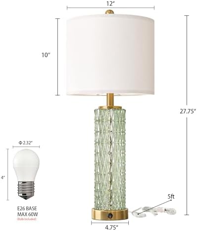 Oneach 27.75" Modern Table Lamps Set of 2, Green Bedside Lamp with Glass Nightlight, USB A+C, Unique Desk Lamps for Living Room, Bedroom, Nightstand, End Table (2 Bulbs Included)