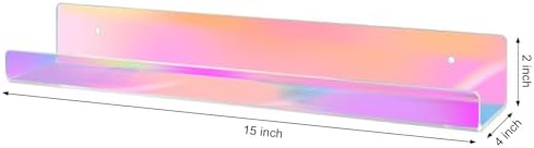 Dezzer 6 Pack Acrylic Shelves for Wall, 15" Acrylic Floating Shelves for Bathroom Bedroom, Invisible Bookshelf Wall Ledge Storage Shelf Books Perfume Toys Action Figure Display Shelves, Iridescent