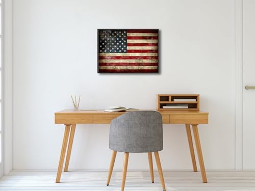 Pyradecor Walnut Framed Canvas Wall Art Old Vintage American Flag Canvas Prints Abstract Pictures Paintings for Office Home Decorations