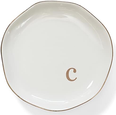 HOME SMILE Initials Ring Holder Jewery Tray with Personalized C-Monogrammed Engagement Wedding Gifts for Friends,Sister,Birthday Christmas Gifts for Women,Ceramic White