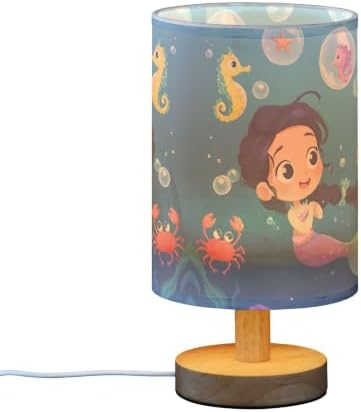 Mermaid Girl Seahorse Starfish Sea Turtle Crab Ocean Bubble Table Lamp with Wood Base Fabric Lamp Shade Bedside Nightstand Desk Lamp for Living Room Bedroom Kids Room Office