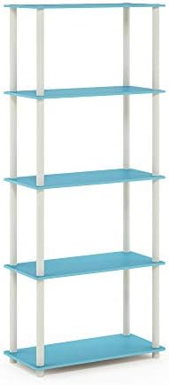 Furinno TURN-N-TUBE Storage Shelves, 5-Tier Book Shelf, Corner Shelf, Toolless Open Shelves, for Organization and Storage, Living Room, Garage, Home Office, Light Blue