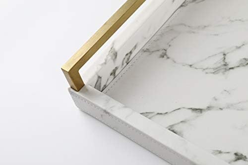17.8 * 11.8" White PU Leather Marble Finish Decorative Tray Serving Tray with Brushed Gold Handle for Coffee Table, Console Table, Ottoman