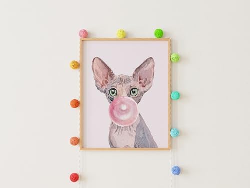 DREAM BIG PRINTABLES Cat Blowing Bubble Gum | Sphynx Art Print - 8x10 (Unframed) | Adorable Feline Decor for Cat Lovers