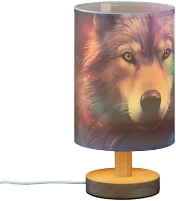 Wolf Starry Table Lamp Bedside Lamps with USB Port,Wood Base Round Flaxen Fabric Shade for Bedroom