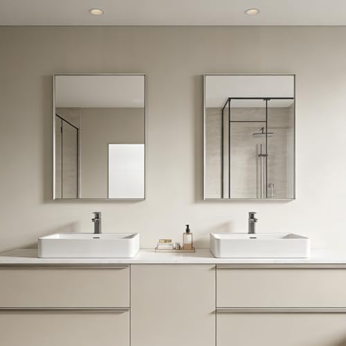 Bathroom Mirror for Wall, 30x20 Inch Framed Vanity Mirror Brushed Nickel | Rectanglar Metal Beveled Framed Mirror for Over Sink, Tempered Glass, Anti-Rust, Hangs Horizontally or Vertically