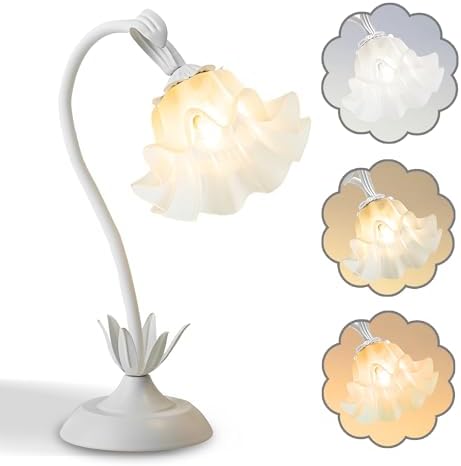 Flower Table Lamp,LED Reading Light Bedside Vintage Night Light(White)
