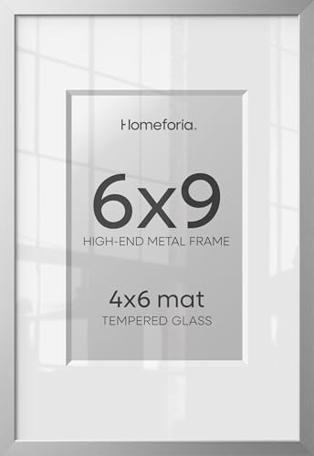 Homeforia 6x9 Silver Picture Frame, High-End Metal, 4x6 Mat, Glass
