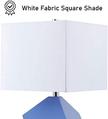 25" Table Lamp - Modern Irregular Geometric Style Wooden Base, White Square Fabric Shade, Contemporary Table Desk Lamp - Great for Living Rooms, Bedrooms, or Study Rooms (Blue)