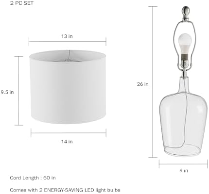 Lavish Home Glass Cloche Table Lamps, Clear/Ivory, Set of 2, 14” x 26”
