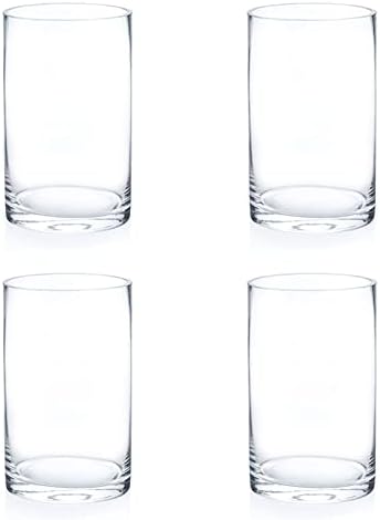 Enova Floral Clear Glass Flower Vase, 6W x 10H Inches Round Flower Vase, Pillar Candle Floating Candle Holders, Tall Cylinder Glass Vase for Flowers, Glass Vase for Home Decor, Wedding (Pack 4)