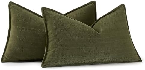MIULEE Pack of 2 Olive Green Decorative Lumbar Chenille Pillow Covers 12x20