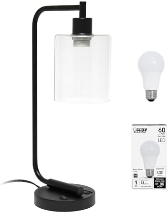 Simple Designs LD1066-BLK-LB Industrial Vintage Bronson Iron Lantern Desk Table Lamp with USB Port and Glass Cylinder Shade for Office, Living Room, Bedroom, Black, with Feit LED Bulb Included