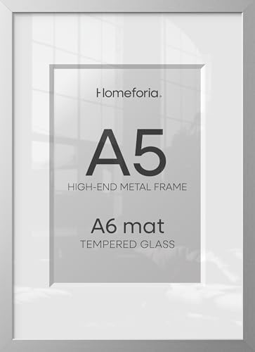 Homeforia A5 Silver Picture Frame, High-End Metal, A6 Mat, Glass