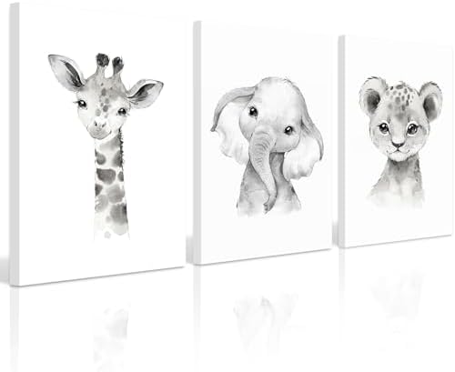 Safari Nursery Wall Art Decor Baby Animal Canvas Wall Art Baby Room Nursery Pictures Kids Artwork Safari Jungle Animal Prints Giraffe Elephant Tiger Painting for Bedroom 12x16x3 Inch Wrapped Canvas