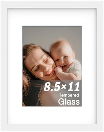 An&He 8.5 x 11 Picture Frame, Wood Photo Frame with HD Tempered Glass for Wall and Tabletop Display, White, 1Pack