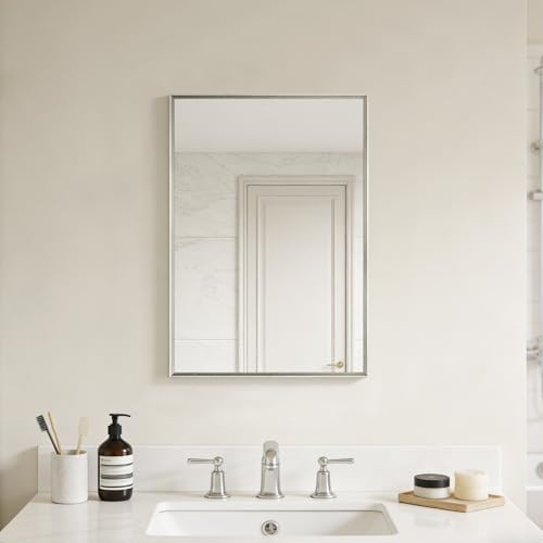 Bathroom Mirror for Wall, 24x16 Inch Framed Vanity Mirror Brushed Nickel | Rectanglar Metal Beveled Framed Mirror for Over Sink, Tempered Glass, Anti-Rust, Hangs Horizontally or Vertically