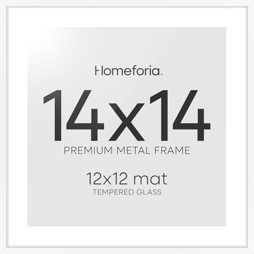 Homeforia 14x14 White Picture Frame, High-End Metal, 12x12 Mat, Glass
