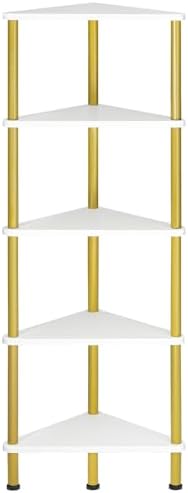 HOOBRO Corner Shelf Stand, Industrial 5-Tier Wall Corner Bookshelf with Metal Frame, Plant Display Shelf, Bookcase for Small Spaces, Bedroom, Living Room, White and Gold DW33CJ01