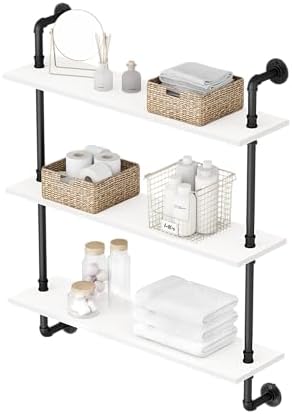3-Tier Industrial Pipe Floating Shelf – Rustic 36 inch Wood Wall-Mounted Storage Shelf for Kitchen Office,Bathroom & Home Decor -White