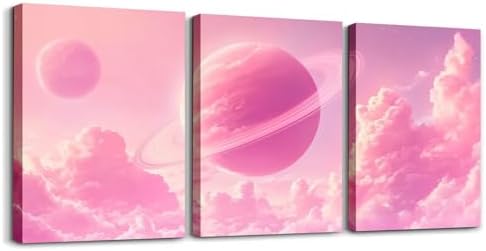 Feelyou Pink Galaxy 3 Piece Canvas Wall Art for Living Room Bedroom Starry Solar System Wall Art for Home Decor 3D Printed Space Office Decor Artwork Dreamy Nebula Picture Painting Posters