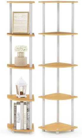 Furinno Turn-N-Tube Corner Shelf Set of 2, 5-Tier Corner Bookshelf, Open Storage Shelves, for Organization and Storage, Living Room, Home Office, Garage, Beech