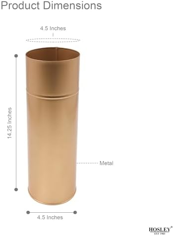 Hosley Gold Metal Tall Floor Vase with PVC Liner, 4-Inch Dia x 14-Inch H, Large Decorative Vase for Home Decor, Ideal for Floral Arrangements, Weddings, Parties, and Living Room Corner Decor