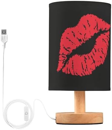 Table Lamp Sexy Red Lip on Black Nightstand Lamp with Wood Base Fabric Lamp Shade Bedside Desk Lamp for Living Room Bedroom Kids Room Office