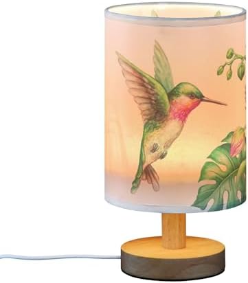 Table Lamp Flying Hummingbird Nature Tropical Orchid Flower Jungle Leaves Nightstand Lamp with Wood Base Fabric Lamp Shade Bedside Desk Lamp for Living Room Bedroom Kids Room Office
