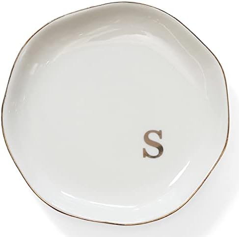 HOME SMILE Initials Ring Dish Jewery Tray with Personalized S-Monogrammed Engagement Wedding Gifts for Friends,Sister,Birthday Christmas Gifts for Women,Ceramic White