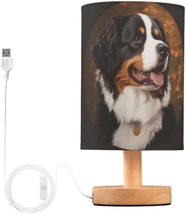 Cute Bernese Mountain Dog Table Lamp with Wood Base Fabric Lamp Shade Bedside Nightstand Desk Lamp for Living Room Bedroom Kids Room Office