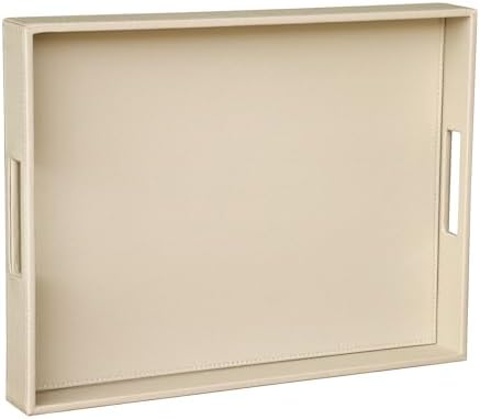 HofferRuffer Rectangle Serving Tray with Hole Handles for Coffee Table, Breakfast, Tea, Food, Butler - Countertop, Kitchen, Vanity Serve Tray, 16.2 x 12.2 x 2 inches, Faux Leather (Dark CreamWhite)