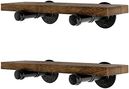 Wall Mounted Floating Shelves, Floating Shelves with Industrial Pipe Brackets Set of 2 Rustic Wood Storage Shelf for Bedroom Living Room Bathroom Kitchen Office and More (2, Brown)