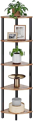 VIMBER Corner Shelf, 5-Tier Corner Bookshelf, Industrial Corner Ladder Shelf, Rustic Display Shelf for Living Room, Bedroom, Kitchen, Home Office, Rustic Brown and Black UJSJ001H