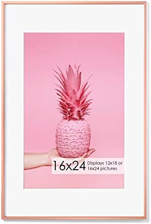 16x24 Metal Picture Frame with 12x18 Mat, Brushed Aluminum Finish, Tempered Glass Front, and Attached Hanging Hardware - Wall Display Frames for Vertical or Horizontal Orientation (Rose Gold, Pack of 1)