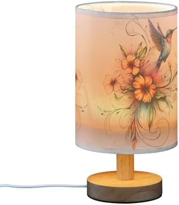 Table Lamp Hummingbird Floral Flower Nightstand Lamp with Wood Base Fabric Lamp Shade Bedside Desk Lamp for Living Room Bedroom Kids Room Office