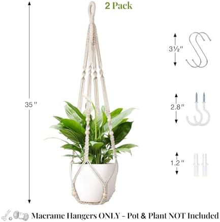 LEWESU Macrame Plant Hanger Indoor Set of 2 with 4 Hooks, Indoor Outdoor Hanging Planter for Plants Holder with Decorative Wood Beads & No Tassels, Boho Home Decor, 35 Inch Ivory (Pots Not Included)