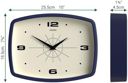 JONES CLOCKS® Movie wall Clock | Rectangular Retro Clock | 10" | Blue | Cool mid-Century Designer Look for Kitchen, Living Room or Office