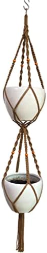 Macrame Plant Hanger & Holder, Hanging Planter 4 Legs Double Deck for 8 inch to 10 inch Two Pots Indoor Outdoor Hanging Planter Hemp Rope 67 Inch with Metal Ring (Brown)