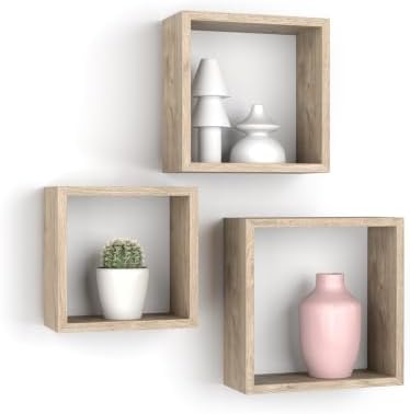 Mobili Fiver, Set of 3 Square Cube Shelves, Giuditta, Oak, Made in Italy