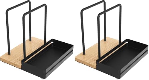 Napkin Holder, Wood Metal Napkin Holder for Table with Salt and Pepper Shakers Caddy, Standing Paper Napkin Dispenser for Kitchen Dining Countertop Decor, Wood & Metal Base, Black (Pack of 2)