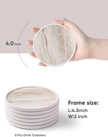 LIFVER Coasters for Coffee Table, Coasters for Drinks Absorbent, Drink Coasters, Housewarming Gift, Home Decor, Set of 6, Farmhouse Coaster Set with Holder, 4 Inches, Sandstone Style